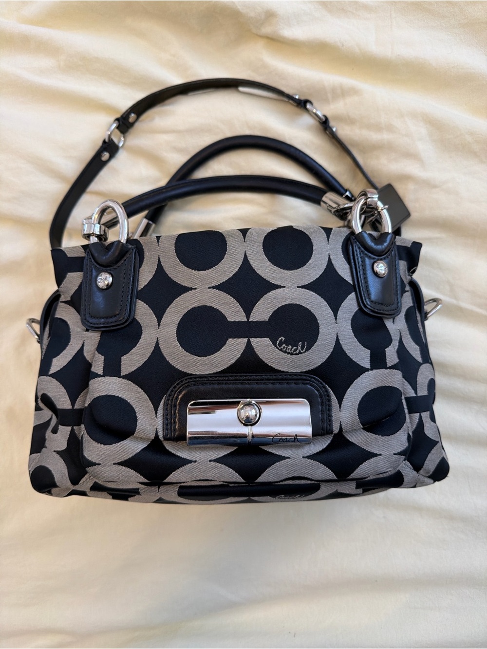 Coach Black & Gray Signature Circle Tote with Polished Hardware